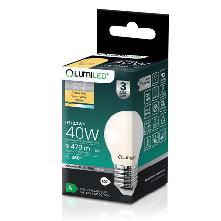 6x LED žárovka E27 kapka P45 2,2W 470lm = 40W 2700K teplá bílá 360° Filament energetická třída A LUMILED