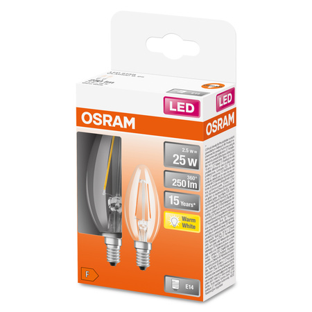 2x LED žárovka B35 Candle E14 2,5W = 25W 250lm 2700K Warm 300° Retrofit Filament CLASSIC Osram