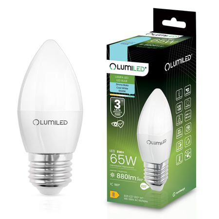 LED žárovka E27 Candle B35 8W = 65W 880lm 6500K Cold 180° LUMILED