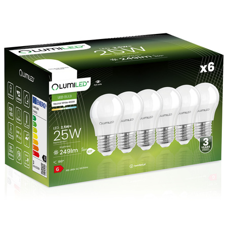 6x Žárovka LED E27, P40 2.5W = 25W 249lm 4000K Neutrální bílá 180° LUMILED