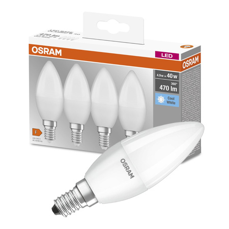 4x LED žárovka E14 B35 5.5W = 40W 470lm 4000K Neutrální bila OSRAM Základna