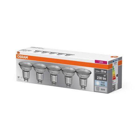 5x LED žárovka GU10 2.6W = 35W 230lm 4000K Neutrální bila 36° OSRAM Základna