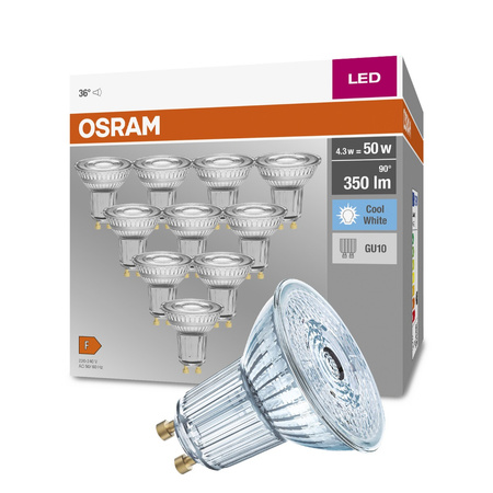 10x LED žárovka GU10 4.3W = 50W 350lm 4000K Neutrální bila 36° OSRAM