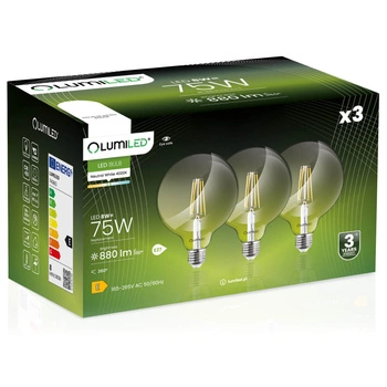 3x Žárovka LED E27, G95 8W = 75W 4000K Neutrální bílá Globe Filament LUMILED