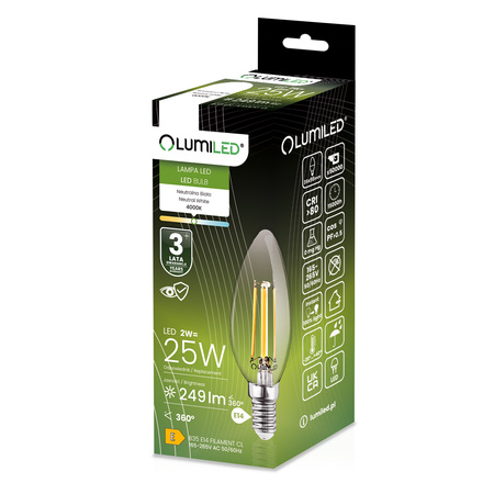 10x LED žárovka E14 Candle B35 2W = 25W 249lm 4000K Neutral 360° FILAMENT LUMILED