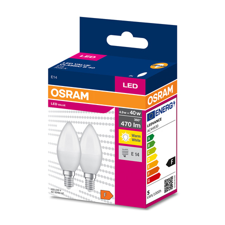 2x LED žárovka E14 B35 4.9W = 40W 470lm 3000K Teplá bílá 220° OSRAM HODNOTA