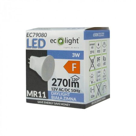 LED reflektorová žárovka MR11 3W 270lm 6500K studená bílá 12V Ecolight