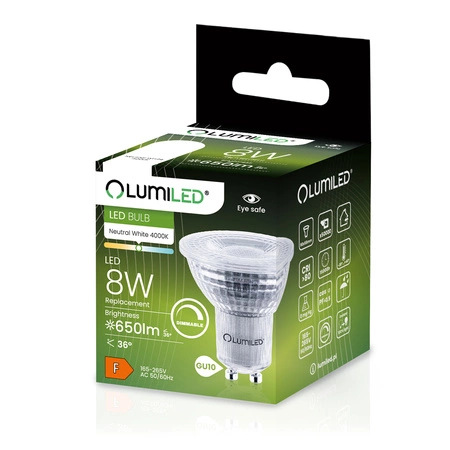 Žárovka LED GU10, 8W = 80W 650lm 4000K Neutralní bílá Reflektor 36° Stmívatelná LUMILED