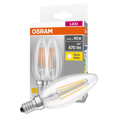 2x LED žárovka E14 B35 FR 4W = 40W 470lm 2700K Teplá bílá 300° Vlákno OSRAM Základna