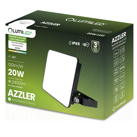 LED Reflektor AZZLER 20W 2400lm 4000K IP65 Venkovní Halogen Černý LUMILED