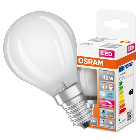 LED žárovka P45 Ball E14 3,4W = 40W 470lm 4000K Neutrální CRI90 300° Stmívatelné vlákno SUPERSTAR PLUS CLASSIC Osram