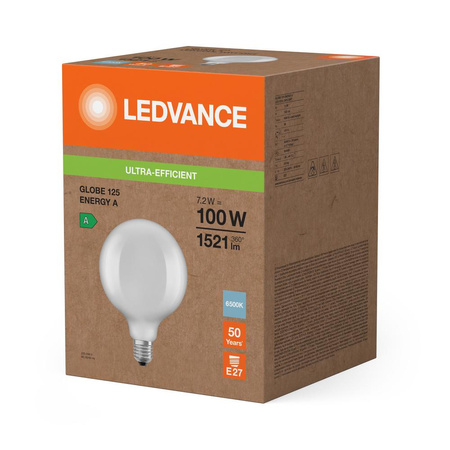 LED žárovka kapka E27 G125 7,2W = 100W 1521lm 6500K studená bílá 330° Ledvance