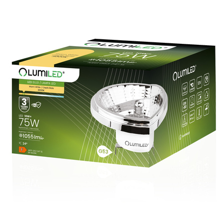 LED žárovka G53 AR111 10W = 75W 1055lm 3000K Warm 24° 12V AC/DC Silver LUMILED