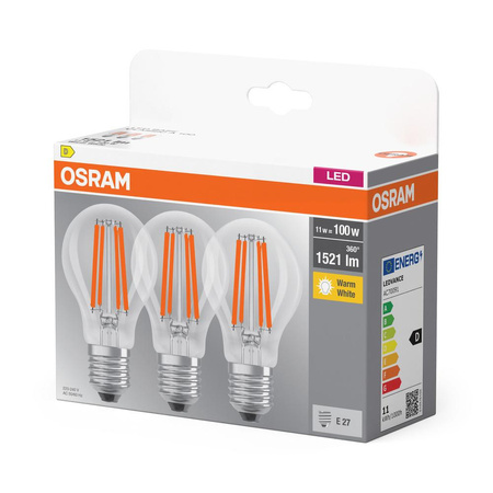 3x LED žárovka E27 A60 CL 11W = 100W 1521lm 2700K Teplá bílá 300° Vlákno OSRAM BASE