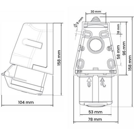 Pevná zásuvka 16A 400V 5P IP44 Přisazená hermetická s klapkou