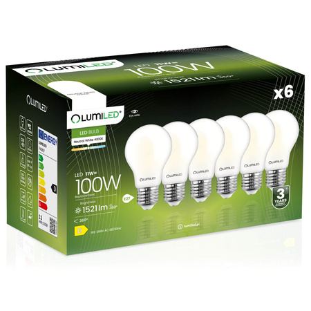 6x Žárovka LED E27, A60 11W = 100W 1521lm 4000K Neutrální bílá 360° Filament Mléčná LUMILED