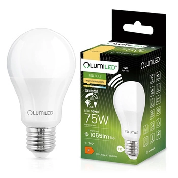 Žárovka LED E27, A60 10W = 75W 1055lm 3000K Teplá bílá 260° s snímač pohybu LUMILED