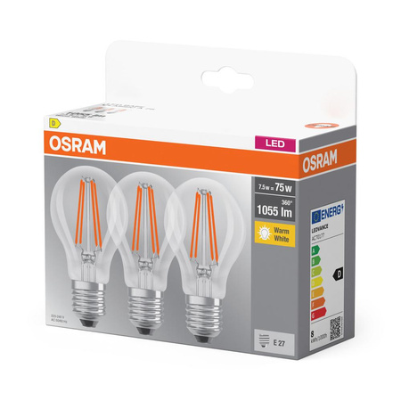 3x LED žárovka E27 A60 CL 7.5W = 75W 1055lm 2700K Teplá bílá 300° vlákno OSRAM BASE