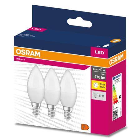 3x LED žárovka B37 svíčka E14 4,9W = 40W 470lm 2700K teplá bílá 200° VALUE CLASSIC Osram