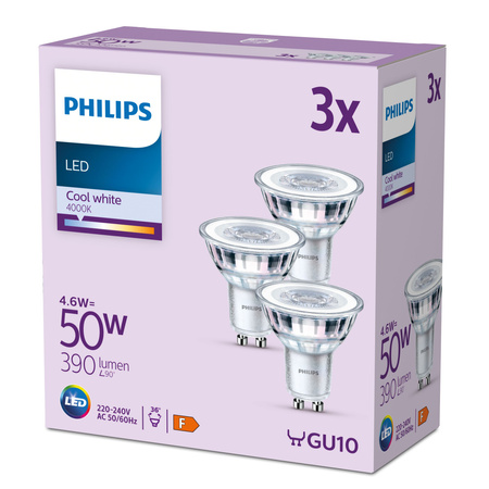 3x LED halogenová žárovka GU10 PAR16 4,6W = 50W 390lm 4000K Neutrál 36° PHILIPS
