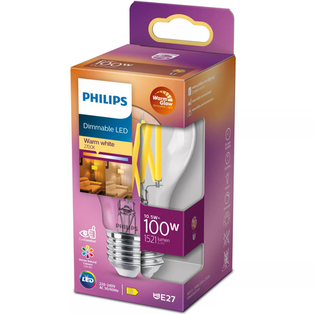 LED žárovka E27 A60 10.5W = 100W 1521lm 2700 Teplá bílá Filament PHILIPS Stmívatelné