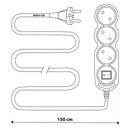 Síťový prodlužovací kabel Uzemněný napájecí pásek 3 zásuvky 1,5 m Vypínač Černý kabel Lendo Lumiled