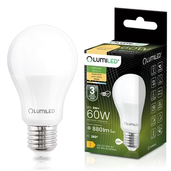 LED žárovka E27 A60 8W = 60W 806lm 3000K Warm 260° LUMILED