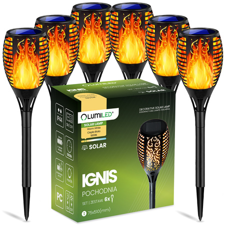 6x Solární LED lampa, pochodn Efekt plamene 50cm IGNIS LUMILED