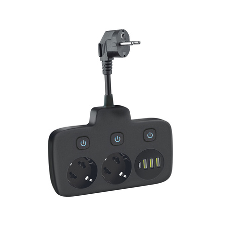 KOBI LINEA FL rozbočovač 2x230V země, 3 přepínače 4xUSB černá