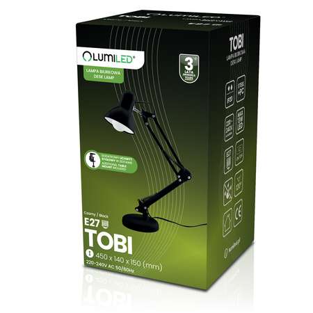 Stolní lampa E27, Černá + držák na stůl TOBI LUMILED