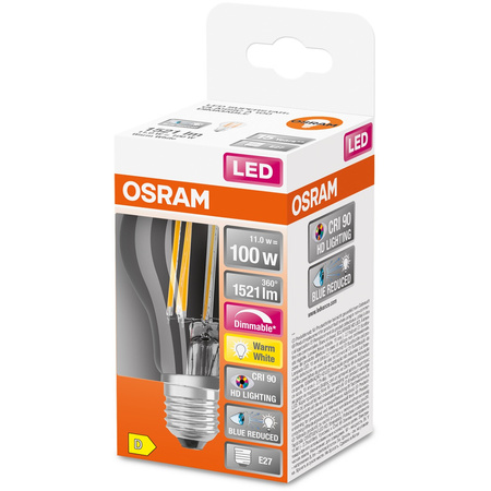 LED žárovka A60 E27 11W = 100W 1521lm 2700K Warm CRI90 300° Stmívatelné vlákno SUPERSTAR PLUS CLASSIC Osram