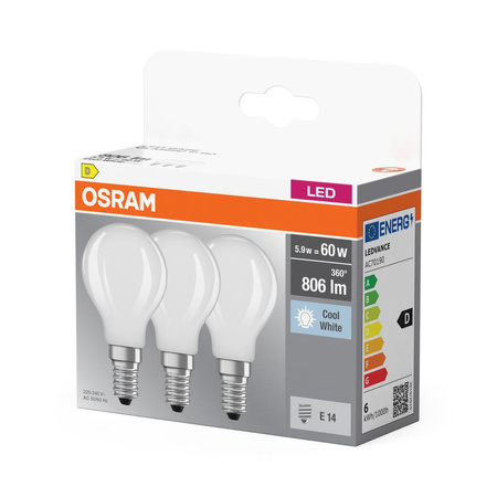 3x LED žárovka E14 P45 5.5W = 60W 806lm 4000K Neutrální bila 300° vlákno OSRAM BASE