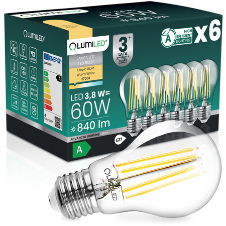 6x LED žárovka E27 A60 3,8W 840lm = 60W 2700K teplé 360° vlákno TŘÍDA A SVÍTÍCÍ