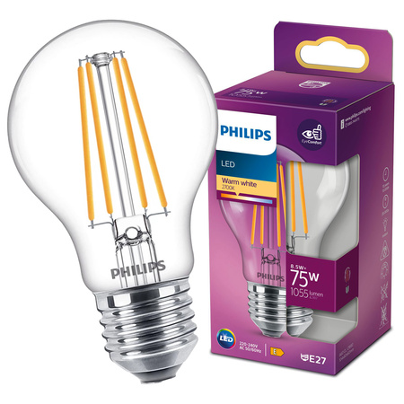 LED žárovka E27 A60 8.5W = 75W 1055lm 2700K Teplá bílá vlákno PHILIPS