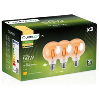 3x Dekorativní Kulatá Žárovka LED E27, G95 6W = 50W 660lm 2000K Teplá bílá 360° Filament Globe Amber LUMILED