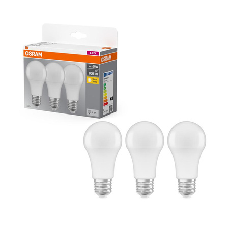 3x LED žárovka A60 E27 8W = 60W 806lm 2700K Warm 150° BASE Osram