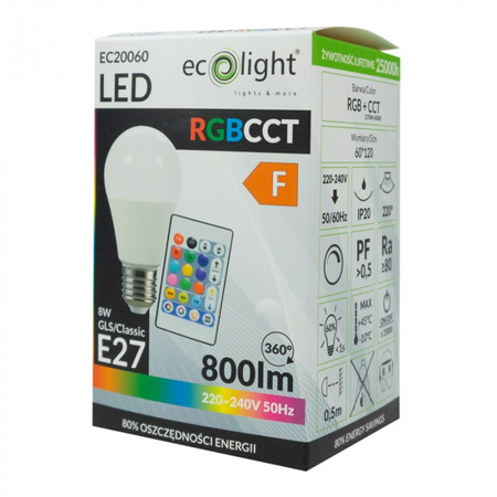 LED žárovka A60 E27 8W 800lm Multicolour RGB + CCT Dimmable Pilot Ecolight