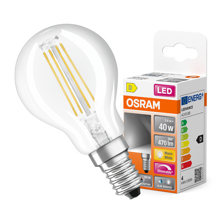 LED žárovka P45 kapka E14 3,4W = 40W 470lm 2700K teplá bílá CRI90 300° stmívatelná vlákno SUPERSTAR PLUS CLASSIC Osram