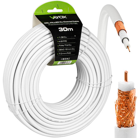 Anténní koaxiální kabel měděný gelový CU pozemní 4K Full HD bílý 30M VAYOX