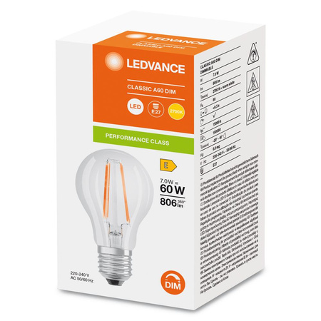 LED žárovka A60 E27 7W = 60W 806lm 2700K teplá bílá FILAMENTNÍ STMÍVATELNÁ LEDVANCE