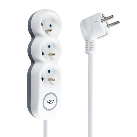 Zástrčka napájecího prodlužovacího kabelu – 3x zásuvka s uzemněním a vypínačem 1.5m 3x1mm 16A bílá kulatá