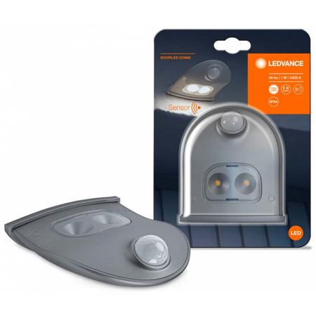LED orientace Stříbrné nástěnné svítidlo na baterie 0,95W 4000K Neutrální 40lm IP54 DOORLED DOWN Senzor pohybu LEDVANCE