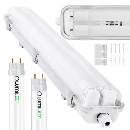 Hermetické Prachotěsné svítidlo 2x T8, G13 IP65 120cm + LED Trubice 18W 4000K LUMILED