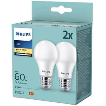2x LED žárovka E27 A60 8W = 60W 806lm 2700K Teplá bílá PHILIPS