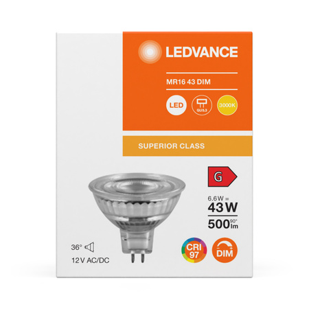 LED žárovka MR16 GU5.3 3,6W = 20W 230lm 2700K teplá bílá 12V FILAMENTNÍ STMÍVATELNÁ LEDVANCE