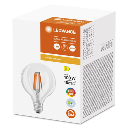 Globe LED žárovka E27 G95 11W = 100W 1521lm 4000K neutrální bílá 300° CRI90 vlákno stmívatelná Ledvance Superior