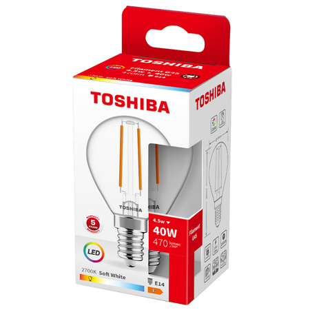 LED žárovka E14 G45 4,5W = 40W 470lm 2700K teplá bílá Filament TOSHIBA
