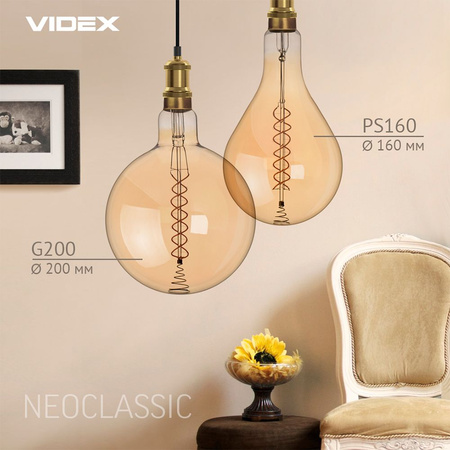 LED žárovka E27 PS160 Pear 8W = 42W 500lm 1800K teplá bílá 360° FILAMENT Amber Dimmable Videx