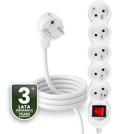 Síťový prodlužovací kabel uzemněný napájecí pásek 5 zásuvek 1,5 m vypínač bílý kabel Lendo Lumiled