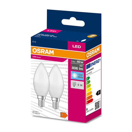 2x LED žárovka E14 B35 7W = 60W 806lm 4000K Neutrální bila 220° OSRAM HODNOTA